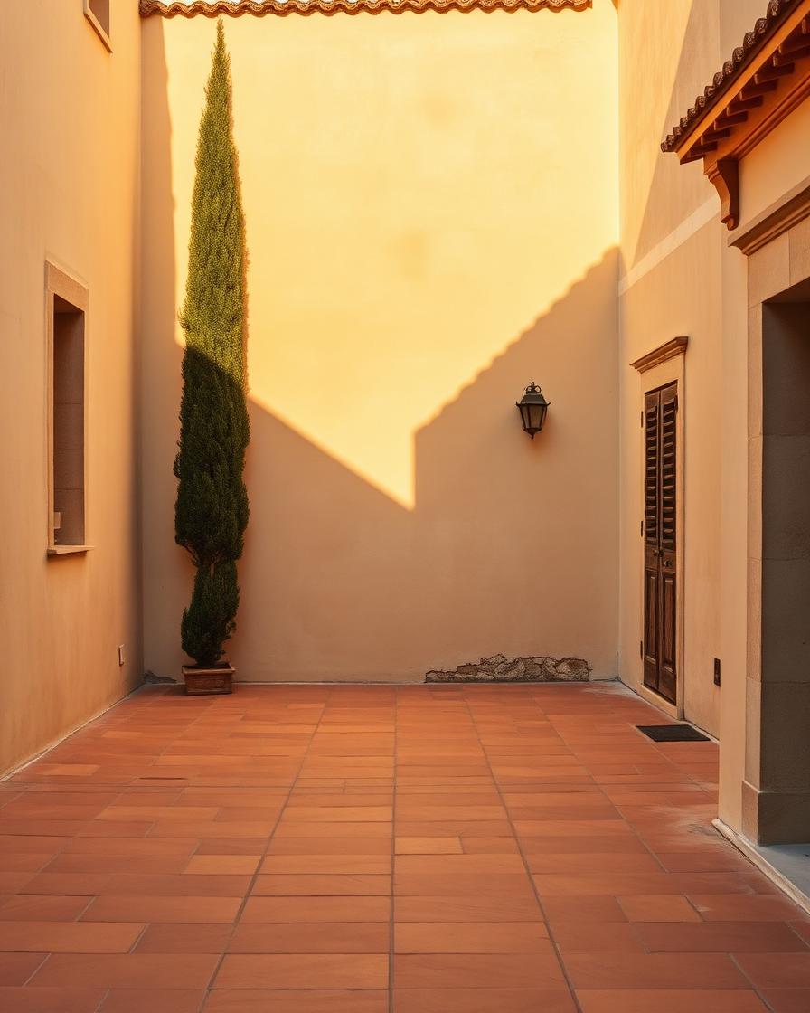 Andalusian courtyard at golden hour with a single cypress and terracotta tiles