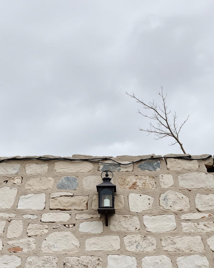 Weathered Tuscan stone wall with iron lantern under a grey winter sky