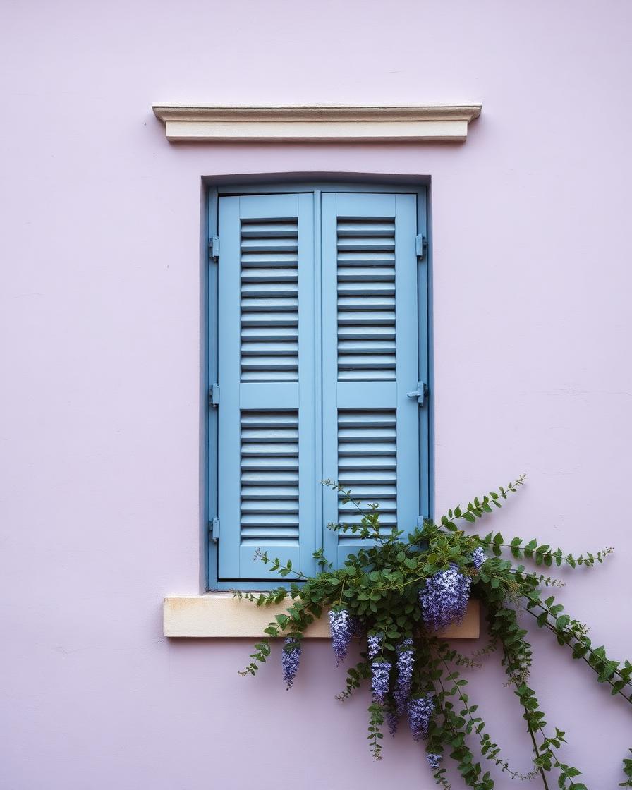 Pale Provençal wall with a blue louvred shutter and trailing wisteria