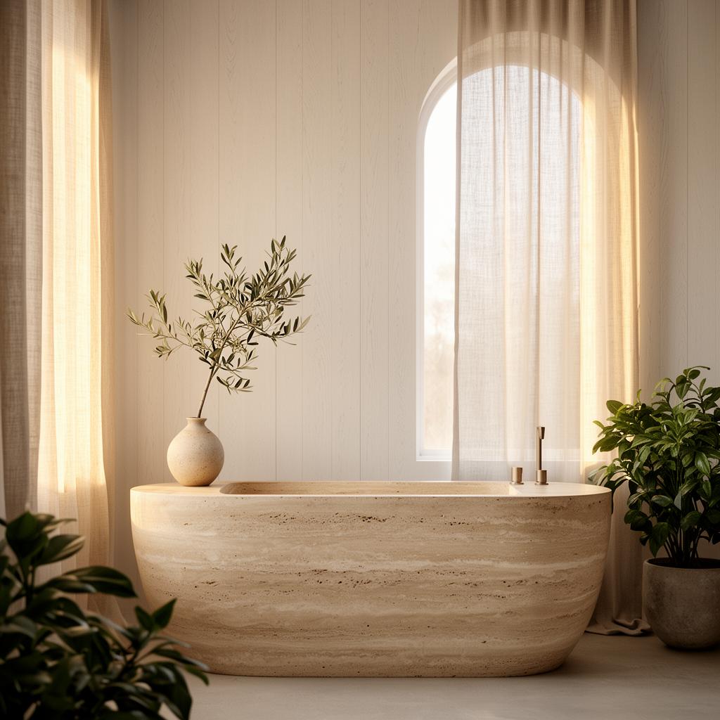 Travertine soaking tub in a sunlit minimalist bathroom with white oak walls and a single olive branch