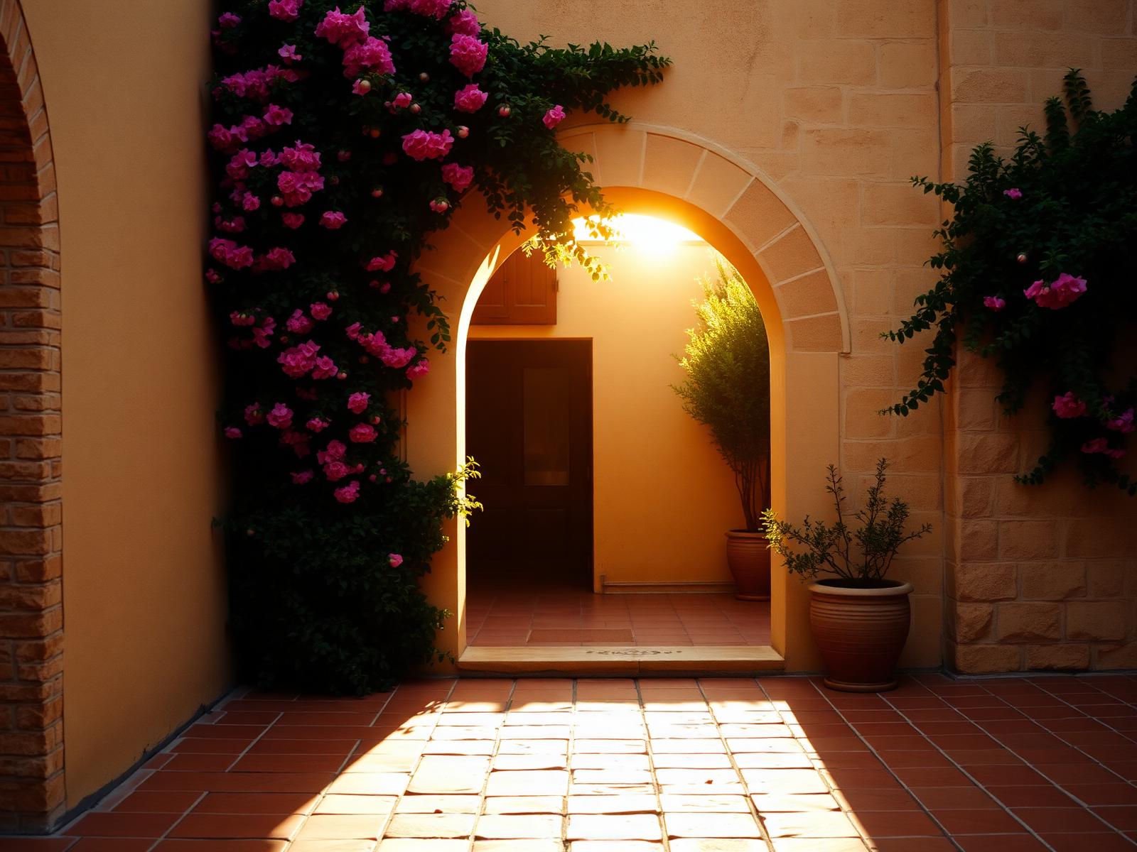A Mediterranean courtyard in golden afternoon light.