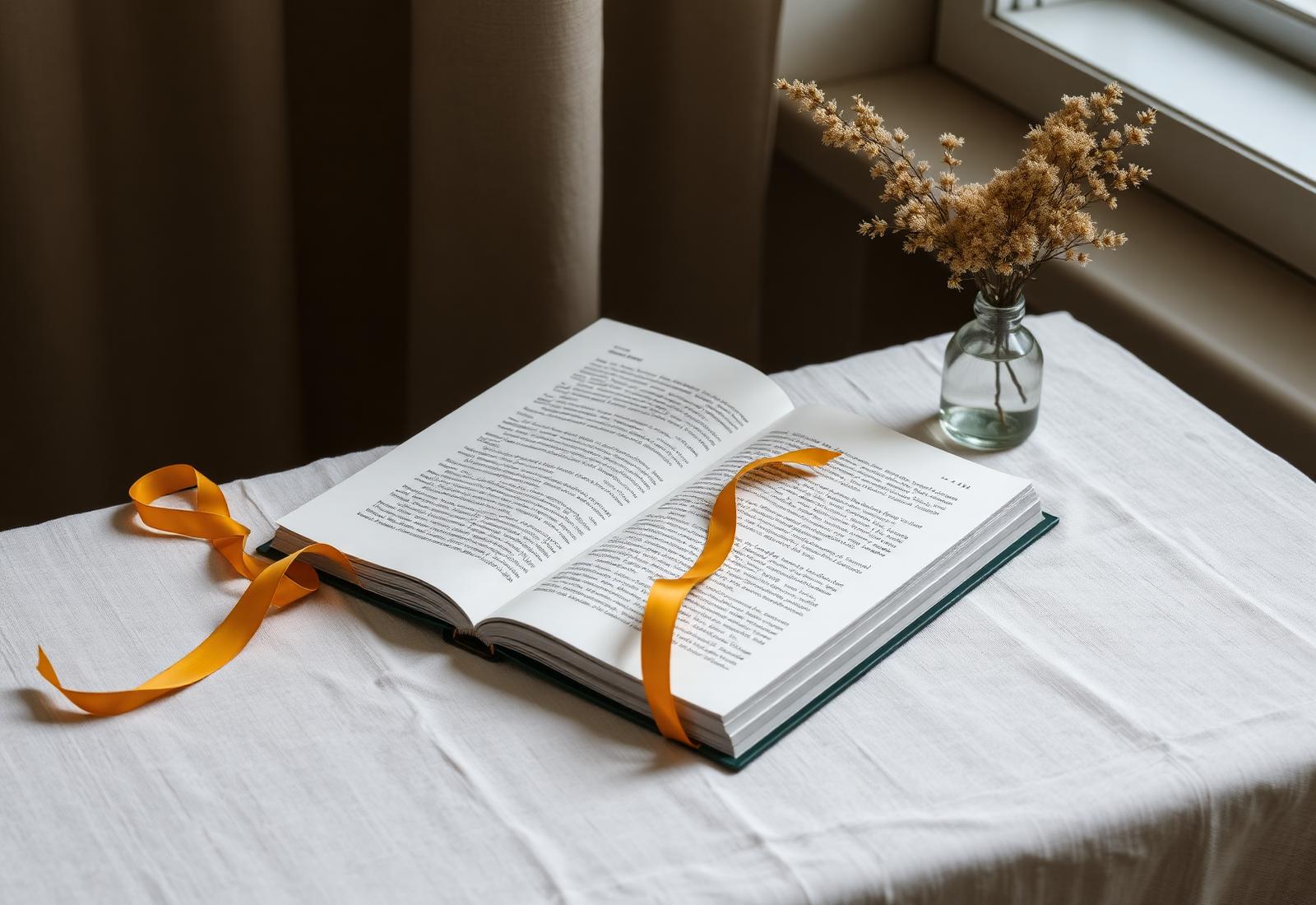 Magazine spread on linen with marigold ribbon