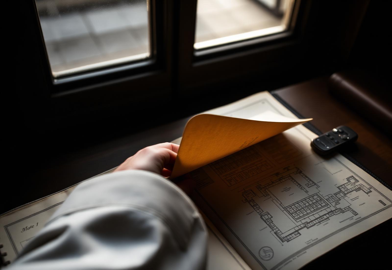 A leather-bound dossier of architectural drawings, opened on a wooden table.