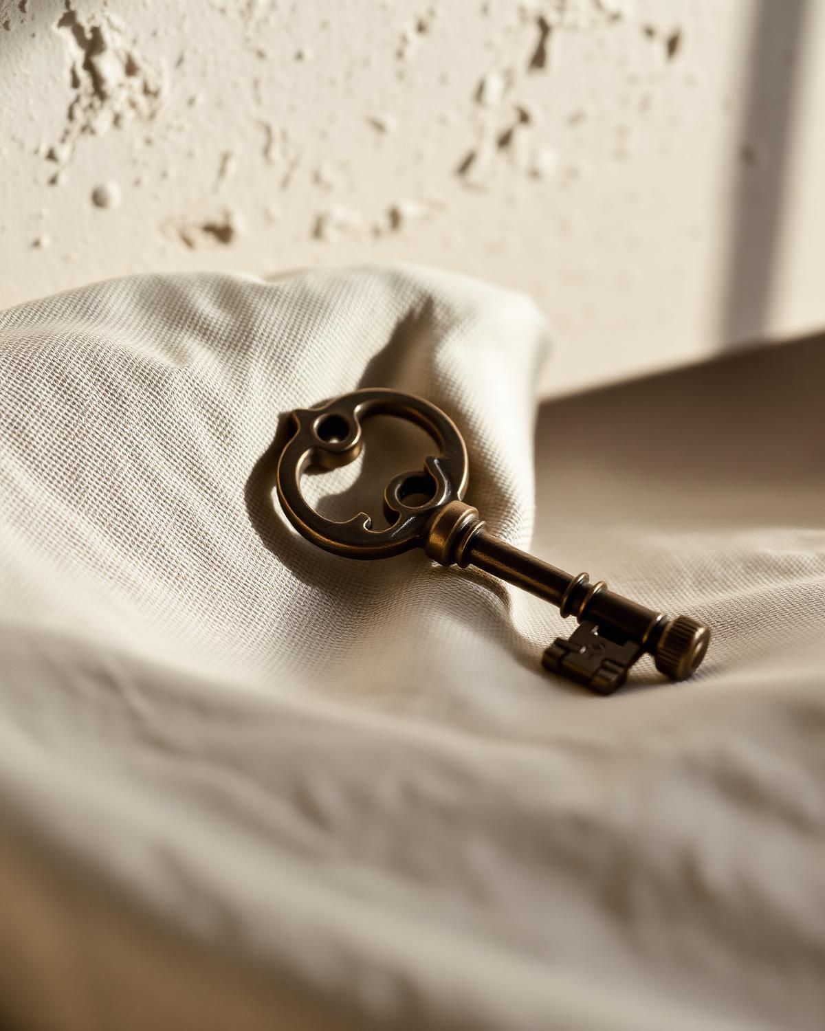 Antique brass key on linen